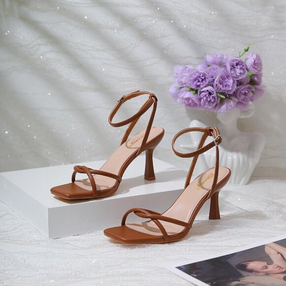 Women's Brown Square Open Toe Kitten Strappy Ankle Strap Heeled Sandals Shoes - Picture 9 of 9